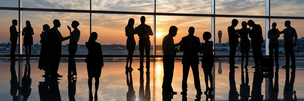 Silhouettes of business professionals networking against a sunset in a modern glass-walled room